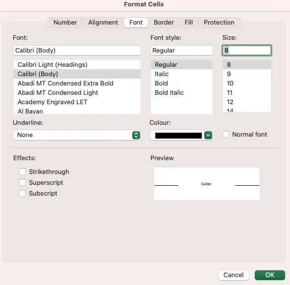 Format cells window Font tab displaying font chosen and size of font