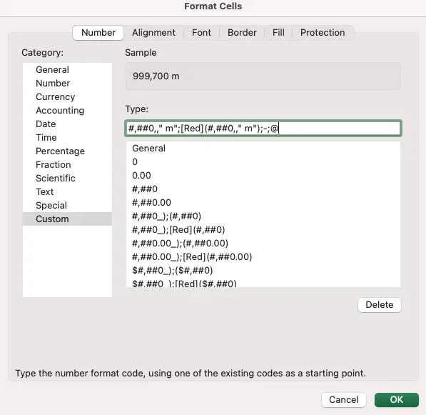 Format cells window with Number tab displaying Custom number type for displaying numbers in millions