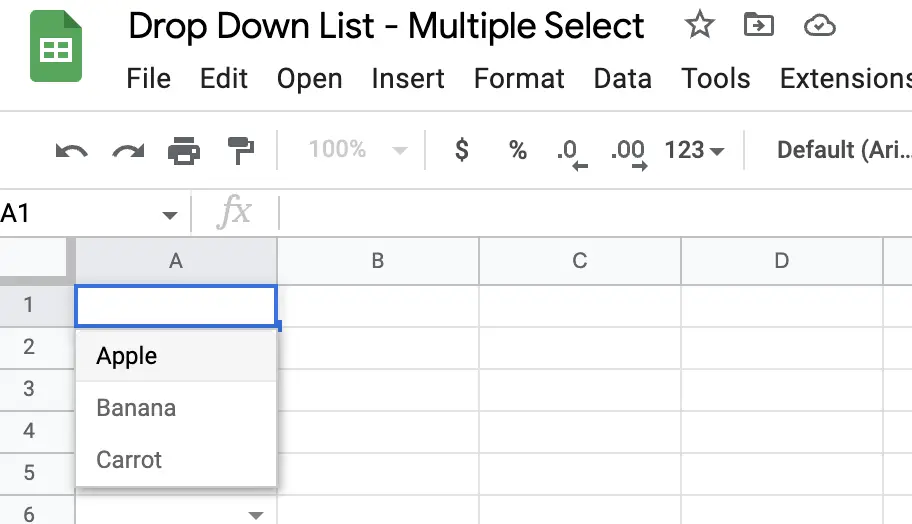 Drop down options displayed in cells containing data validation. Apple, Banana and Carrot displayed as dropdown list.