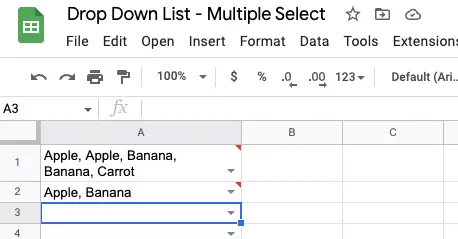 Multiple dropdown menu results in each cell. Cells showing multiple values of the dropdown menu.