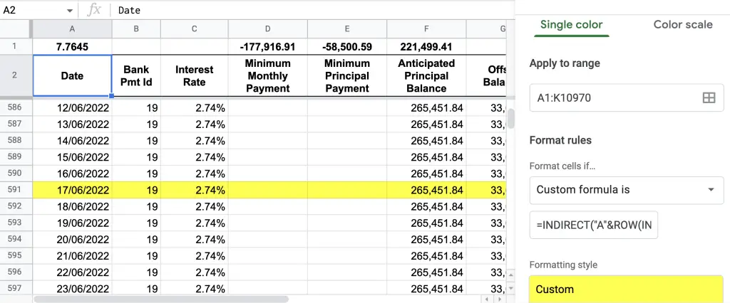 Formula inserted into the Custom Formula Is section demonstrating a highlighted row in yellow in the spreadsheet