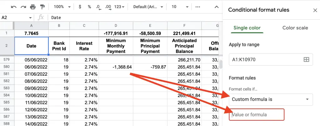 Conditional format sidebar with arrows pointing to changing the Format Rules to "Custom formula is" and at the empty input cell underneath