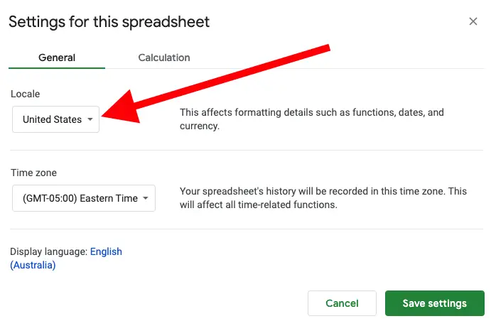 Pointing to the settings section in Google Sheets to change the Locale