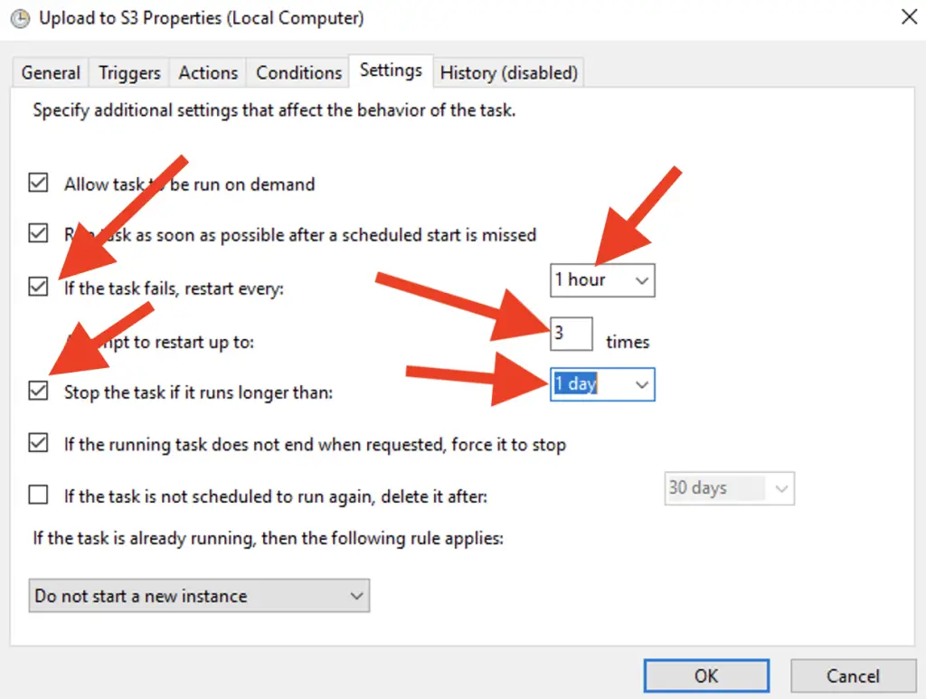 Red arrows pointing to the following options in the Settings tab: "If the task fails, restart every:" (ticked); 1 hour selected with the dropdown menu. Attempt to restart up to has 3 times entered into the input field. "Stop the task if it runs longer than:" (ticked) with the drop down menu 1 day selected.