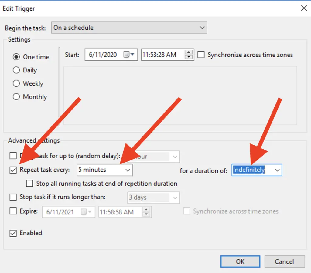 First red arrow pointing to the checkbox for "Repeat task every", with the second red arrow pointing to the time "5 minutes" and the third red arrow pointing to the option "Indefinitely". 