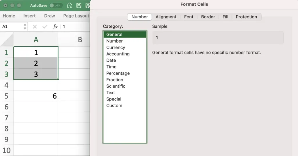 Format cells context menu pop up window showing highlighted cells and their Number format.