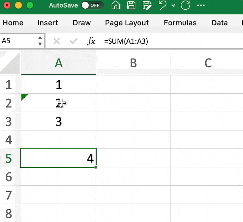 Cells A1 to A3 contain numbers, but Excel has cell A2 containing a number that is stored as text. The resulting SUM formula does not include this value in its result. Clicking on the context menu for this cell to "Convert to Number" changes the cell from text to a number.