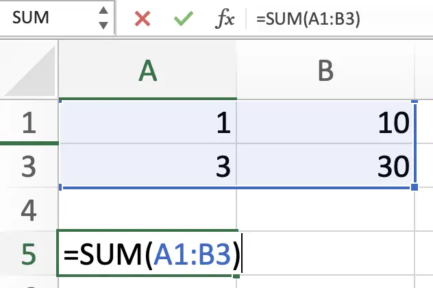 SUM formula of a range from A1 to B3 with row 2 hidden. SUM will report the correct result, even with the hidden row, but it may be difficult to determine this without seeing the inputs.