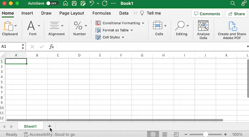 Clicking on the plus symbol to create a new sheet in Excel.