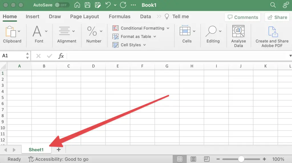 Red arrow pointing to the sheets tab down the bottom of a spreadsheet window.