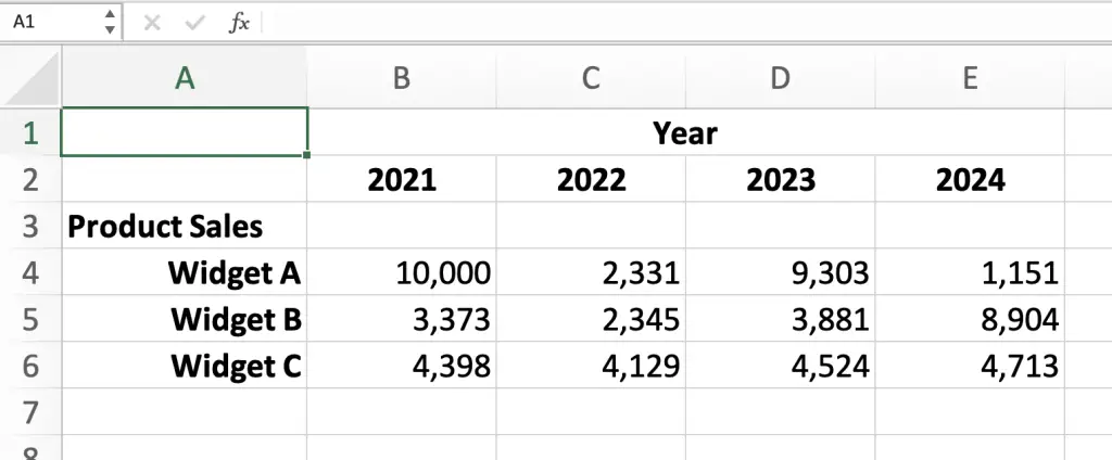 Simple sales table with years from 2021 to 2024 across the horizontal axis and products on the vertical axis Widget A to Widget C. Random values used for the sale amounts.