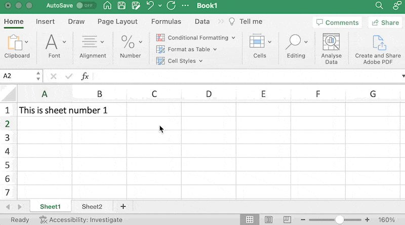 Clicking on Sheet2 and Sheet1 tabs to navigate between sheets.