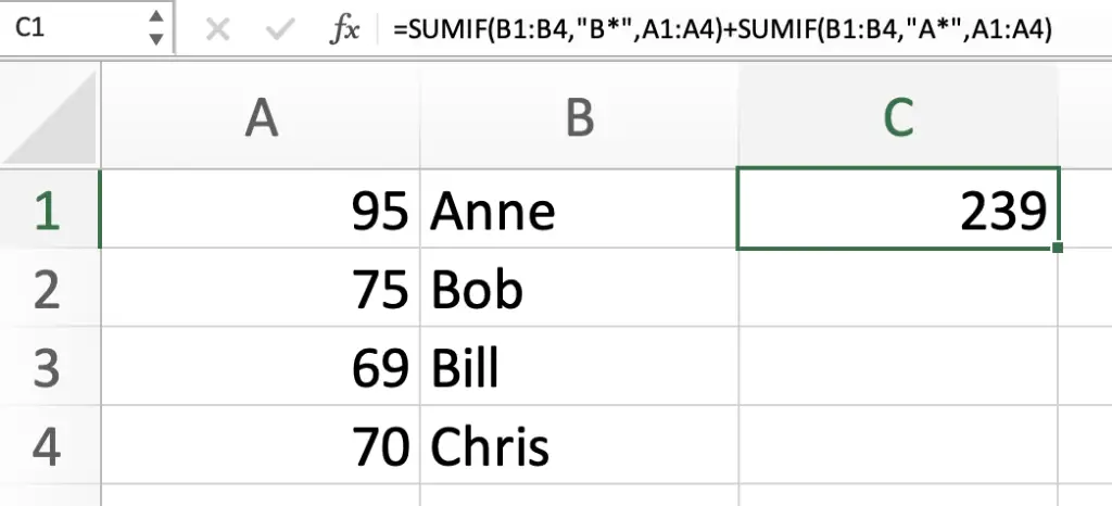 Two SUMIF functions together to sum the cells in B1 to B4 that start with either A or B.