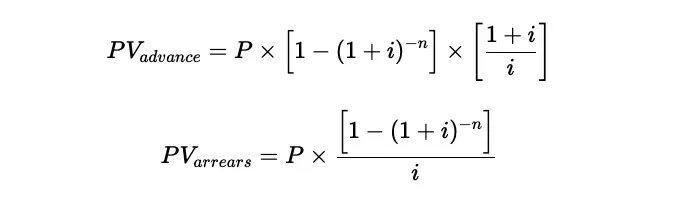 Two present value formulas displayed using Katex. One formula representing present value where payments are made; and the other present value formula where payments are made in arrears.