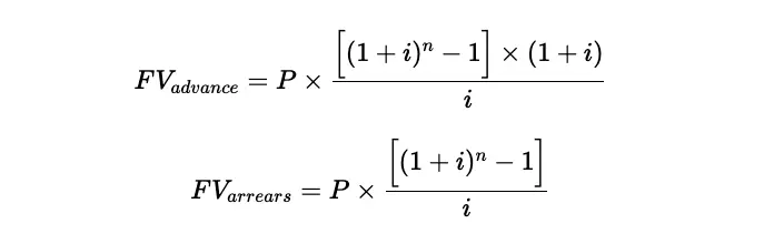 Two future value formulas displayed using Katex. The two formulas correspond to future value calculations depending on whether payments are made in advance or in arrears.