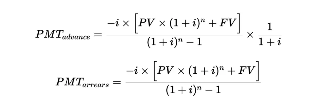 Formulas for calculating the advance and arrears payment amounts according to interest rate, number of periods and present value (and future value).
